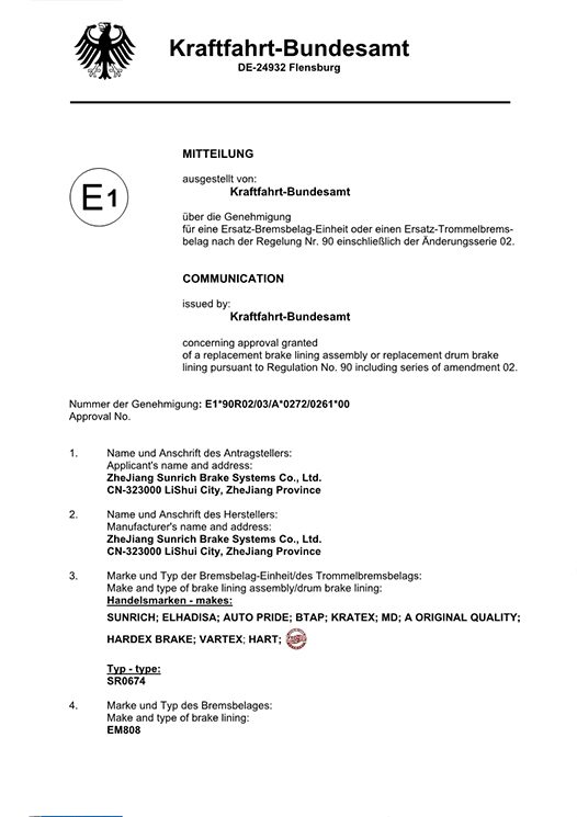 ECE R90 approval communication from Kraftfahrt-Bundesamt for Sunrich EM808 lining