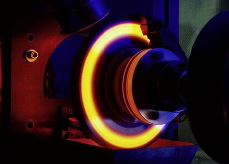 Brake disc glowing red-hot during a braking test
