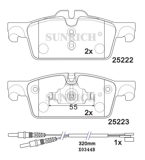 SR0902.01 disc brake pad drawing for Peugeot with 320 mm wear sensor, refs 25222 / 25223